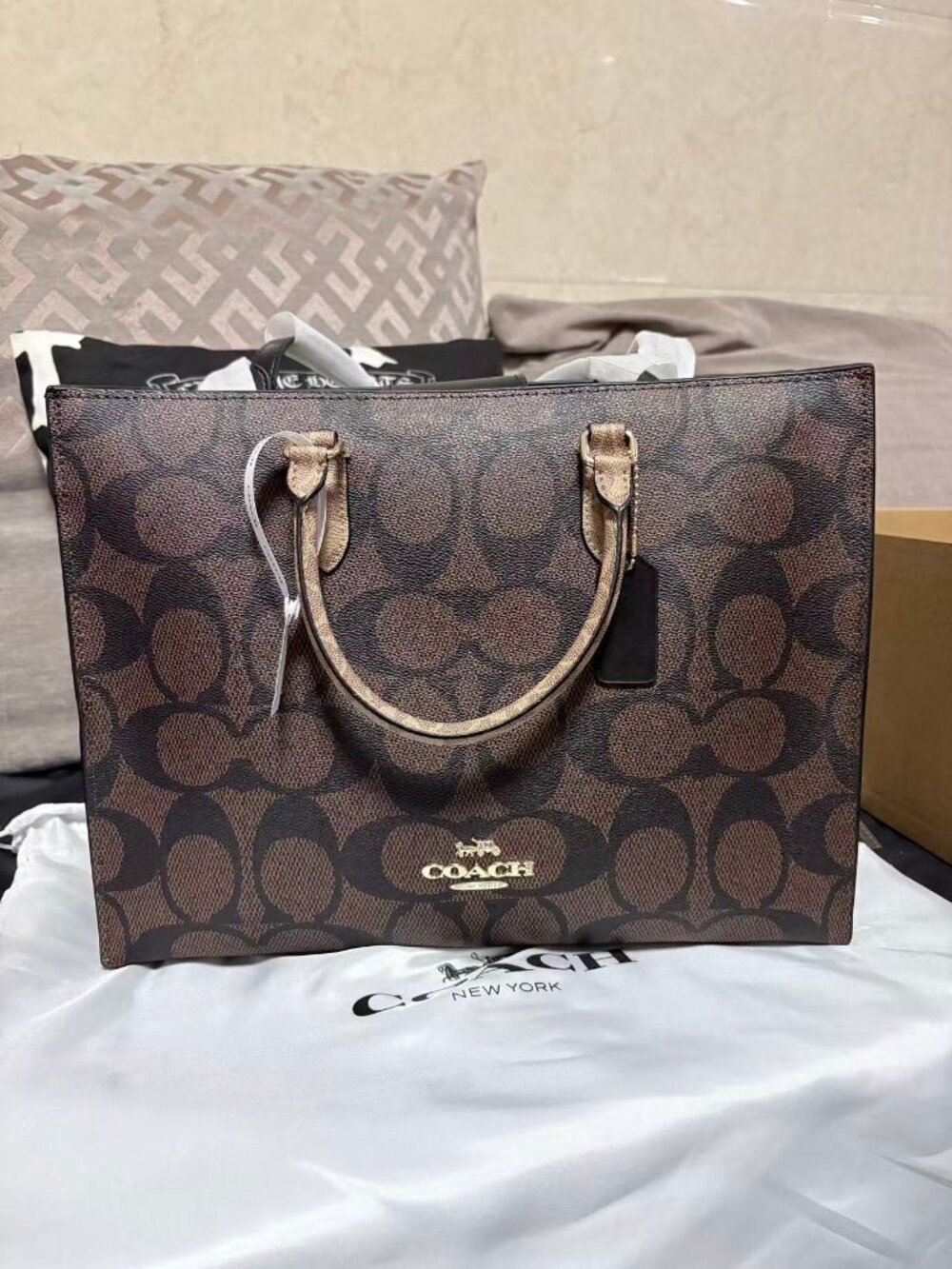 Coach Brown Signature Tote with Gold Logo Accent